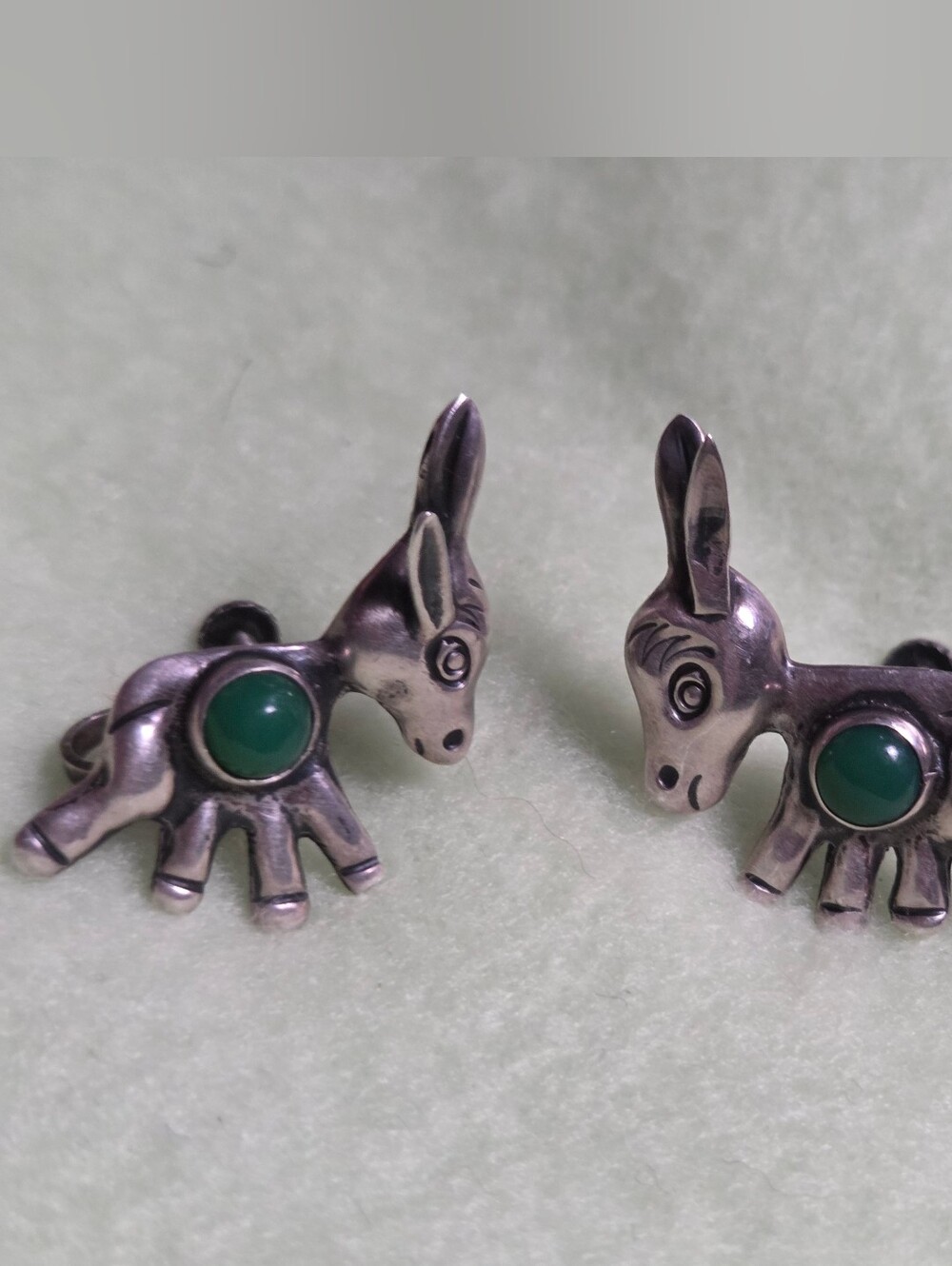 Silver Mexico Donkey Burro Green Stone Cabochan Earrings Screwback